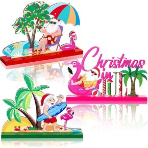 Geetery 3 PCS Christmas in July Gooden Table Decoration July Summer Table Centerpieces Santa Flamingo Palm Tree Meep