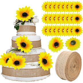 Mindsoft Sunflower Diaper Cake Decorations 20 Yards Diaper Cake Burlap Ribbon مع 12 PCS عباد الشمس الاصطناعية لرؤوس زفاف زفاف الطفل نحلة.