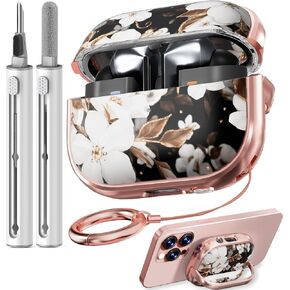with Safety Lock for Galaxy Buds Pro 3 Case/Galaxy Buds 3 Case with Cleaner Kit and Keychain, Cute Floral Buds Pro 3 Case Cover for Women Girly, As a Phone Stand- Black Gold Flower
