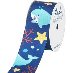 Ribbli Satin Whale & Starfish Craft Ribbon,1-1/2 Inch x 10 Yard,Navy/Blue/Yellow/Red,Use for Hair Bows,Wreath,Birthday,Baby Shower,Diaper Cake,Gift Wrapping,Party Decoration,All Crafting and Sewing