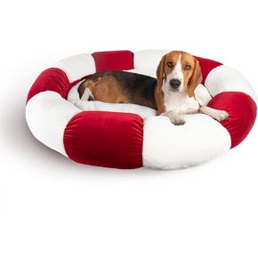 Sherry Kline 27" Christmas Daisy Round pet Bed in red Velvet and Natural Sherpa