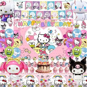 Kawaii Party Decorations for Girls, Kawaii Birthday Supplies set Include Happy Birthday Banner, Cupcake Toppers, Foil Balloons, Backdrop, Tablecloth, Hanging Swirl Decorations