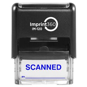 AS-IMP1122B - Scanned Stamp with by: Line, Blue Ink, Heavy Duty Commerical Self-Inking Rubber Stamp, 9/16" x 1-1/2" Impression