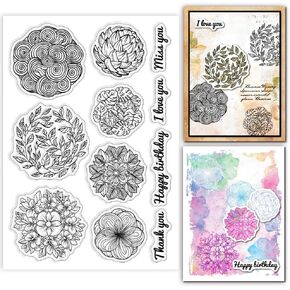 GLOBLELAND Geometric Plants Round Flowers Clear Silicone Stamps for DIY Scrapbooking 6.3x4.33inch