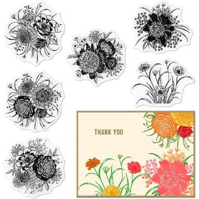 6Pcs Vintage Flowers Clear Stamps for Card Making Flower Background Clear Rubber Stamps Flower Leaves Transparent Rubber Seal Stamps for DIY Photo Scrapbooking Paper Card Album Crafting Supplies