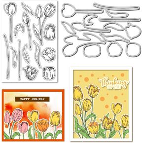 Arbuya Tulip Flowers Clear Stamps & Matching Die Cuts Set - Reusable Stamps with Cutting Dies for Cards Making Handmade Floral Cards, Paper Crafts, DIY Scrapbooking
