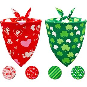 Valentines & St. Patricks Dog Bandana Set,Holiday Party Dog Costumes,Pet Scarves for Boys and Girls,Dog Outfit Gifts for Medium to Large Dogs,Diverse Festive Styles(Red&Green,2PCS)