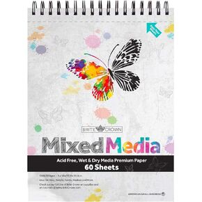 Brite Crown Mixed Media Sketch Pad - 9 × 12 كتاب رسم (60 ورقة) ورقة فنية رسم مثقبة لأقلام الرصاص والعلامات والدهانات والألوان المائية والباستيل والفحم 120 رطل (200GSM) ورقة رسم حمض خالية من الحمض