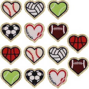 12pcs قلب كرة قدم كرة القدم على بقع مُرضّع زخارف ديكو خياطة على بقع حواف الذهب تشنيل الحب بقع مطرزة بالملابس ، جينز ، قبعات ، مصنفة الفنون صنع الخياطة