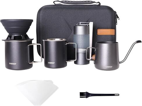 Pour Over Coffee Maker Set, ALL in 1 Portable Set- Manual Coffee Grinder with Stainless Steel Conical Burr, Collapsible Silicone Coffee Dripper Set, Coffee Gooseneck Kettle in Saudi Arabia