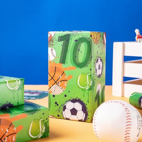 RUSPEPA 10th Birthday Wrapping Paper for Boys - Soccer, Basketball, Volleyball, Football, Golf Ball with 10" Design for Birthday Party and Celebration - 17 Inches x 16.4 Feet - Age 10 in Saudi Arabia