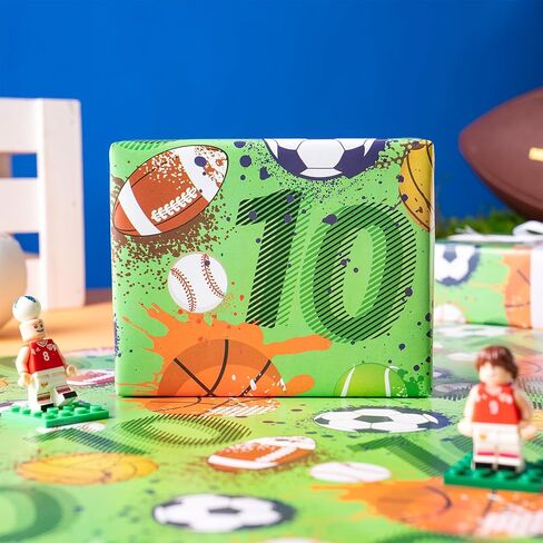 RUSPEPA 10th Birthday Wrapping Paper for Boys - Soccer, Basketball, Volleyball, Football, Golf Ball with 10" Design for Birthday Party and Celebration - 17 Inches x 16.4 Feet - Age 10 in Saudi Arabia