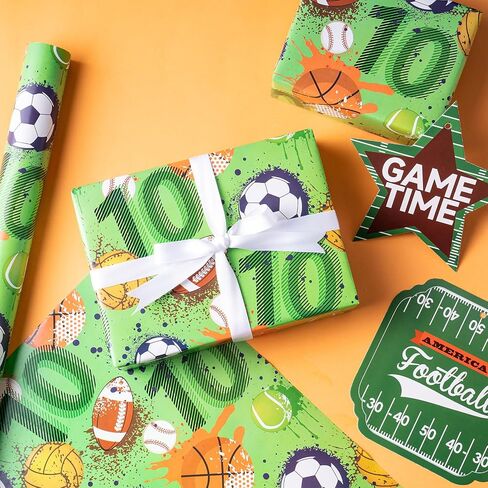 RUSPEPA 10th Birthday Wrapping Paper for Boys - Soccer, Basketball, Volleyball, Football, Golf Ball with 10" Design for Birthday Party and Celebration - 17 Inches x 16.4 Feet - Age 10 in Saudi Arabia