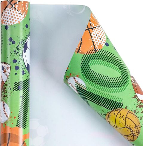 RUSPEPA 10th Birthday Wrapping Paper for Boys - Soccer, Basketball, Volleyball, Football, Golf Ball with 10" Design for Birthday Party and Celebration - 17 Inches x 16.4 Feet - Age 10 in Saudi Arabia