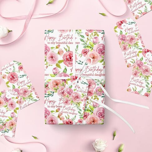 LeZakaa Floral Birthday Wrapping Paper Roll for Daughter, Lush Pink Rose, Happy Birthday to my Beautiful Daughter Gift Wrap for Daughter's Birthday, for Women, Girls, Mini Roll, 17inches x 16.4Feet in Saudi Arabia