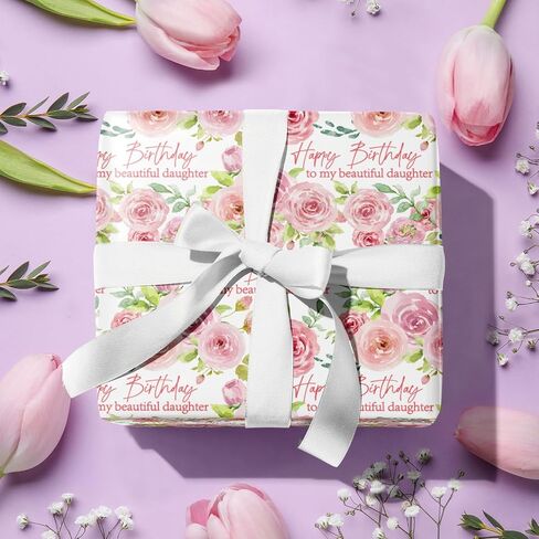 LeZakaa Floral Birthday Wrapping Paper Roll for Daughter, Lush Pink Rose, Happy Birthday to my Beautiful Daughter Gift Wrap for Daughter's Birthday, for Women, Girls, Mini Roll, 17inches x 16.4Feet in Saudi Arabia