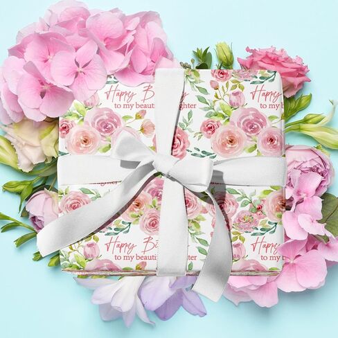 LeZakaa Floral Birthday Wrapping Paper Roll for Daughter, Lush Pink Rose, Happy Birthday to my Beautiful Daughter Gift Wrap for Daughter's Birthday, for Women, Girls, Mini Roll, 17inches x 16.4Feet in Saudi Arabia