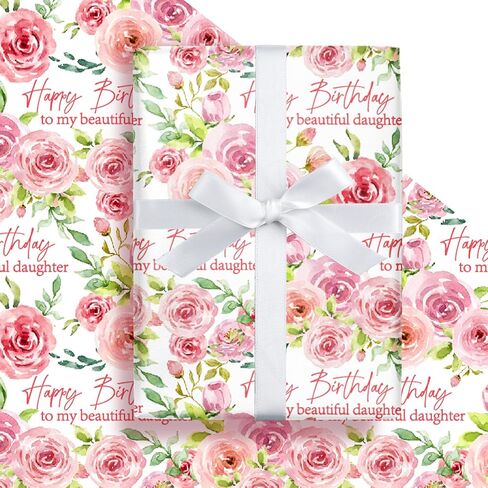 LeZakaa Floral Birthday Wrapping Paper Roll for Daughter, Lush Pink Rose, Happy Birthday to my Beautiful Daughter Gift Wrap for Daughter's Birthday, for Women, Girls, Mini Roll, 17inches x 16.4Feet in Saudi Arabia