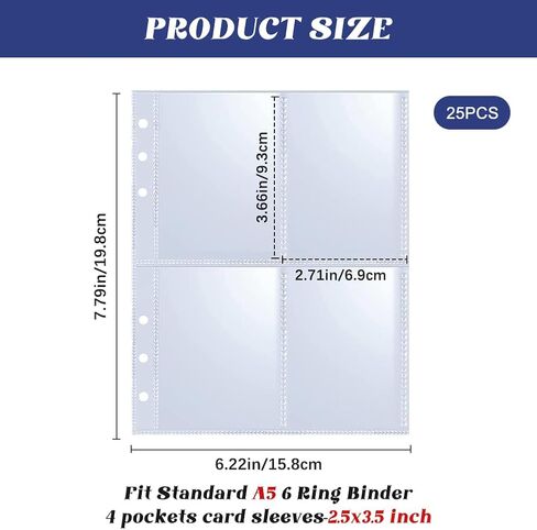 CRASPIRE 25 Pack 100 Pockets A5 Binder Sleeves 3.66x2.71" Trading Card Sleeves Ultra-Clear Photocard Sheets One-Sided 4 Pocket Photo Pages Top Loading Photo Sheet Protector for Photos in Kuwait