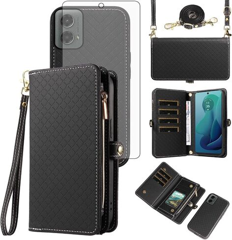Asuwish Phone Case for Motorola Moto G 5G 2024 Zipper Wallet Detachable Cell Cover with Tempered Glass Screen Protector Crossbody Lanyard Strap Flip Card Holder Slot G5G 5 G G5 Women Men Girls Pink in Saudi Arabia