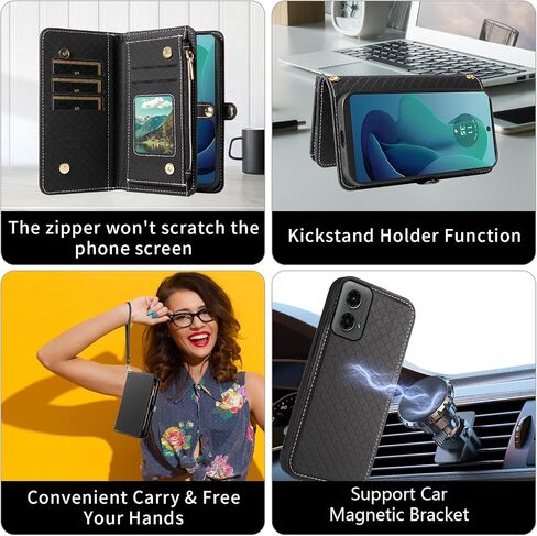 Asuwish Phone Case for Motorola Moto G 5G 2024 Zipper Wallet Detachable Cell Cover with Tempered Glass Screen Protector Crossbody Lanyard Strap Flip Card Holder Slot G5G 5 G G5 Women Men Girls Pink in Saudi Arabia