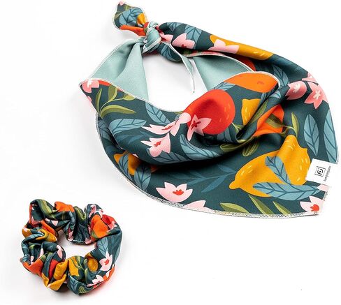 Dog Bandana & Matching Scrunchie - Floral L/XL - Pet & Owner Matching Outfits, Polyester Spandex Fabric, Pet Bandana Scrunchie Combo in Kuwait