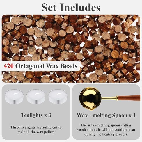 420 Pcs Vintage Wax Seal Beads for Stamp, Wax Seal Kit with 3 Tea Candles and 1 Melting Spoon, Antique Decor for Wedding Invitations, Envelope, Scrapbook, Gift Wrap (Golden B) in Kuwait