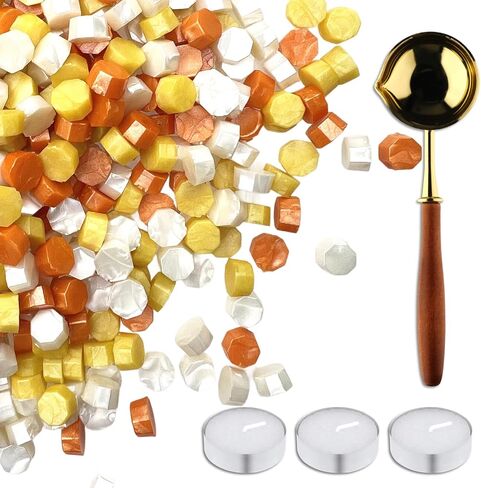 420 Pcs Vintage Wax Seal Beads for Stamp, Wax Seal Kit with 3 Tea Candles and 1 Melting Spoon, Antique Decor for Wedding Invitations, Envelope, Scrapbook, Gift Wrap (Golden B) in Kuwait