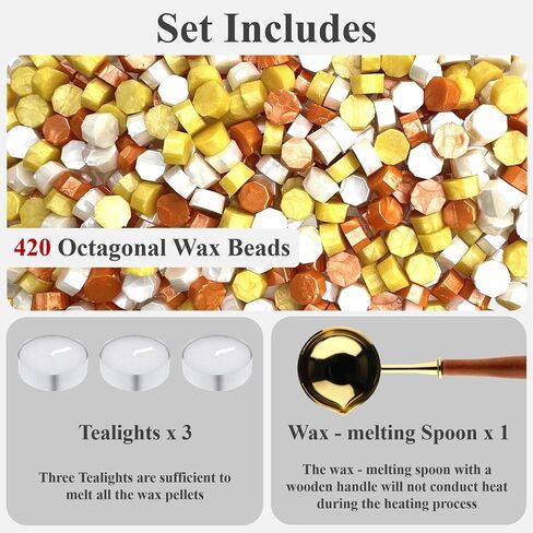 420 Pcs Vintage Wax Seal Beads for Stamp, Wax Seal Kit with 3 Tea Candles and 1 Melting Spoon, Antique Decor for Wedding Invitations, Envelope, Scrapbook, Gift Wrap (Golden B) in Kuwait