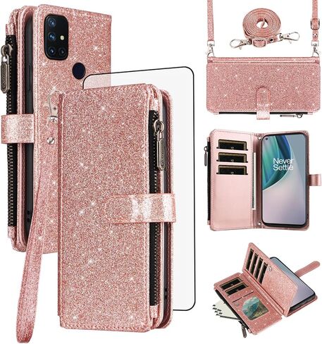 Asuwish Phone Case for OnePlus Nord N10 5G Wallet Cell Cover with Tempered Glass Screen Protector Strap Glitter Zipper Flip Credit Card Holder One Plus N 10 G5 1 Plus 10N 1plus One+ 1+ N105G Black in Saudi Arabia