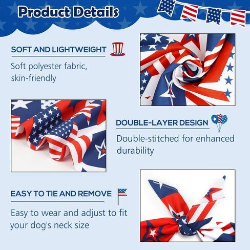 Vivifying Patriotic Dog Bandanas for 4th of July, 2 Pack Double-Sided Triangle Scarves with American Flag, Star & Stripes Pattern, Soft Polyester Pet Accessories for Small to Large Dogs (X-Large) in Kuwait