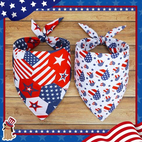 Vivifying Patriotic Dog Bandanas for 4th of July, 2 Pack Double-Sided Triangle Scarves with American Flag, Star & Stripes Pattern, Soft Polyester Pet Accessories for Small to Large Dogs (X-Large) in Kuwait