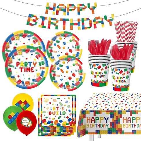 100Pcs Happy Birthday Decorations, Party Decorations, Birthday Party Supplies Set Includes Paper Birthday Plates, Napkins, Cups, Tablecloth, Tableware Set, Banner, Serves16 (Building Block) in Saudi Arabia