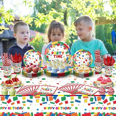 100Pcs Happy Birthday Decorations, Party Decorations, Birthday Party Supplies Set Includes Paper Birthday Plates, Napkins, Cups, Tablecloth, Tableware Set, Banner, Serves16 (Building Block) in Saudi Arabia