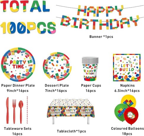 100Pcs Happy Birthday Decorations, Party Decorations, Birthday Party Supplies Set Includes Paper Birthday Plates, Napkins, Cups, Tablecloth, Tableware Set, Banner, Serves16 (Building Block) in Saudi Arabia
