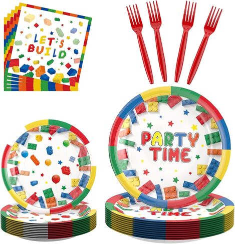 100Pcs Happy Birthday Decorations, Party Decorations, Birthday Party Supplies Set Includes Paper Birthday Plates, Napkins, Cups, Tablecloth, Tableware Set, Banner, Serves16 (Building Block) in Saudi Arabia