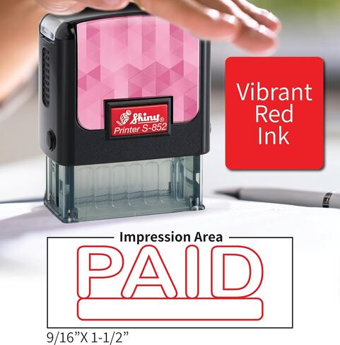 Shiny Paid Stamp Self Inking Rubber Stamp, 1/2" by 1-1/2" Impression Area, Red Ink, Refillable in Saudi Arabia