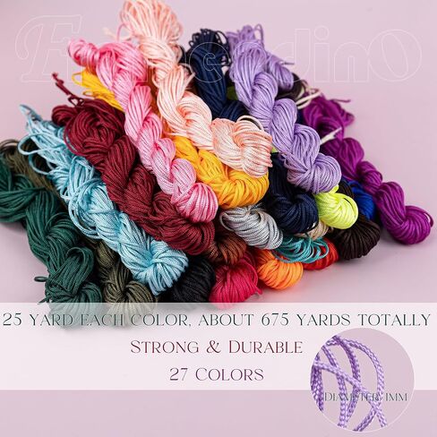 Framendino, 27 Pack 1mm Nylon Beading String Chinese Knotting Cord Trim Cords Macrame Thread Braided for Friendship Bracelets Necklace Jewelry Making (27 Colors, 675 Yards) in Kuwait