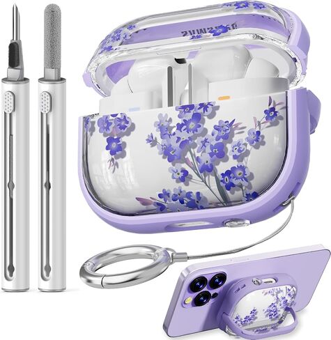 with Safety Lock for Galaxy Buds Pro 3 Case/Galaxy Buds 3 Case with Cleaner Kit and Keychain, Cute Floral Buds Pro 3 Case Cover for Women Girly, As a Phone Stand- Black Gold Flower in Kuwait