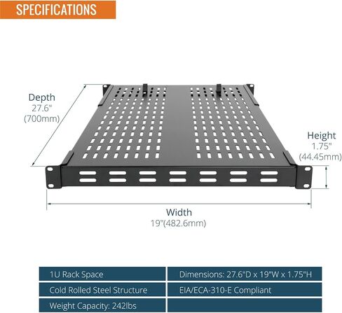 1U 4-Post Vented Server Rack Mount Shelf,21.7in Deep with Adjustable Depth 13.5-31.8 Inch,Supports to 242 lbs,Universal Tray for 19 Inch AV/Network Equipment Rack,Black in Saudi Arabia