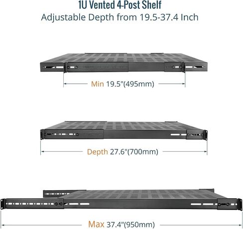 1U 4-Post Vented Server Rack Mount Shelf,21.7in Deep with Adjustable Depth 13.5-31.8 Inch,Supports to 242 lbs,Universal Tray for 19 Inch AV/Network Equipment Rack,Black in Saudi Arabia
