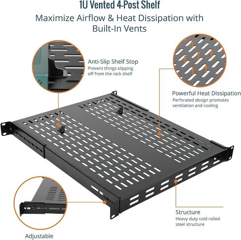 1U 4-Post Vented Server Rack Mount Shelf,21.7in Deep with Adjustable Depth 13.5-31.8 Inch,Supports to 242 lbs,Universal Tray for 19 Inch AV/Network Equipment Rack,Black in Saudi Arabia