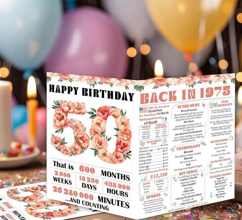 50th Birthday Card for Women Her, 50th Retro Floral for Her Birthday Card Gifts for Girls, Happy 50 Year Old Birthday Decorations, Double-Sided in Saudi Arabia