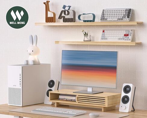 Monitor Stand Riser with Sliding Door, Desk Shelf with Storage (Natural Bamboo, 38 Inch) in Saudi Arabia