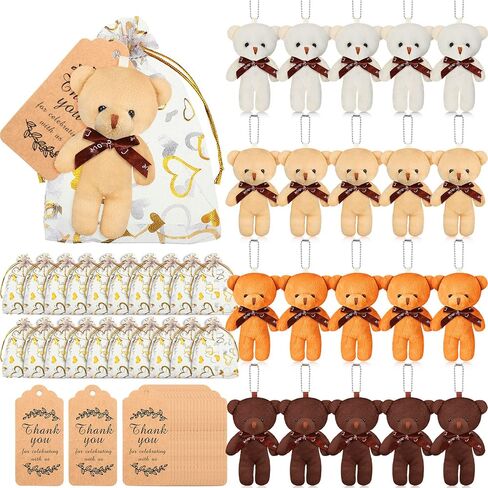 Libima 60 Pcs Mini Bear Baby Shower Decorations First Baby Shower Favors Party Supplies Souvenirs 4.7" Tiny Soft Stuffed Plush Bears Bulk with Thank You Tag and Heart Organza Bag(Brown Series) in Kuwait