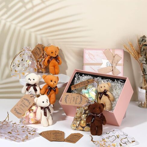 Libima 60 Pcs Mini Bear Baby Shower Decorations First Baby Shower Favors Party Supplies Souvenirs 4.7" Tiny Soft Stuffed Plush Bears Bulk with Thank You Tag and Heart Organza Bag(Brown Series) in Kuwait
