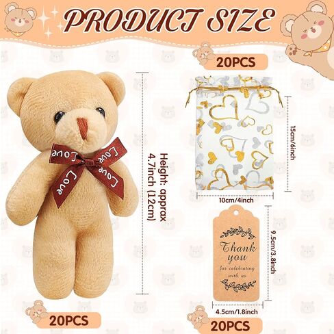Libima 60 Pcs Mini Bear Baby Shower Decorations First Baby Shower Favors Party Supplies Souvenirs 4.7" Tiny Soft Stuffed Plush Bears Bulk with Thank You Tag and Heart Organza Bag(Brown Series) in Kuwait