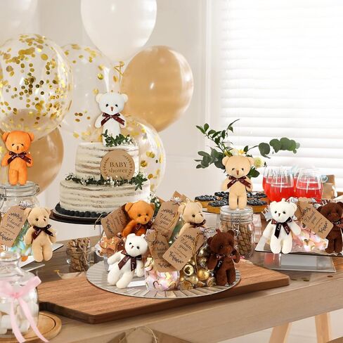 Libima 60 Pcs Mini Bear Baby Shower Decorations First Baby Shower Favors Party Supplies Souvenirs 4.7" Tiny Soft Stuffed Plush Bears Bulk with Thank You Tag and Heart Organza Bag(Brown Series) in Kuwait