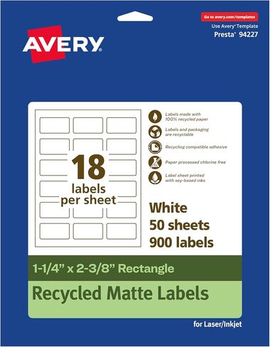 Avery EcoFriendly Matte White Recycled Rectangle Labels, 1-1/4" x 2-3/8", Print-to-The-Edge, Matte White Labels, Permanent Label Adhesive, Laser/Inkjet, 180 Printable Labels in Kuwait