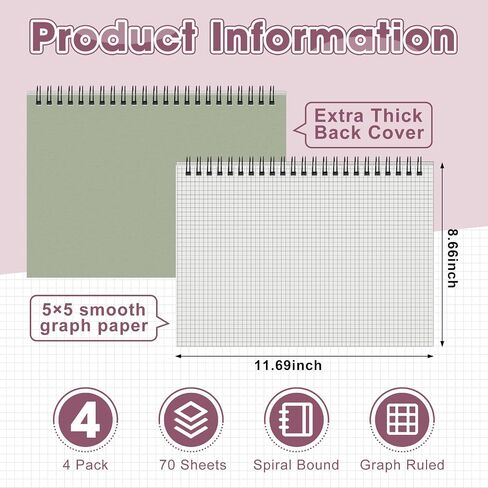 4 Pcs 8.66 x 11.69 Inch Top Bound Spiral Notebooks Horizontal A4 Office Steno Book 5mm-Squared Durable Spiral White Paper 70 Sheets for Business (Morandi) in Saudi Arabia